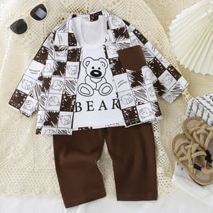 New Boy's Stylish Thin Long-Sleeve Plaid Three-Piece Set Baby Summer Outfit