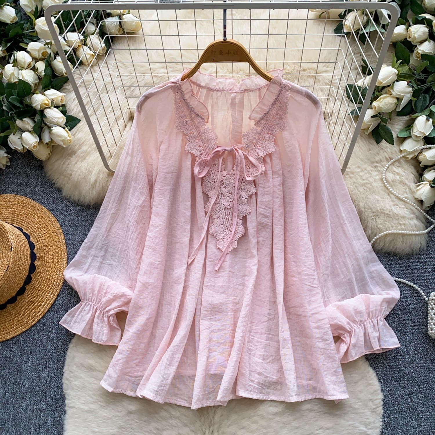 Cross-border New Loose Gentle Style Lace Tie Shirt Women's Long Sleeve French Autumn Top