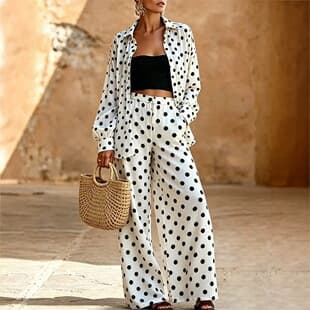 2026 Spring/Autumn Polka Dot Casual Set for Women Loose Wide-Leg Pants Two-Piece Set Fashionable Versatile Commuter Design