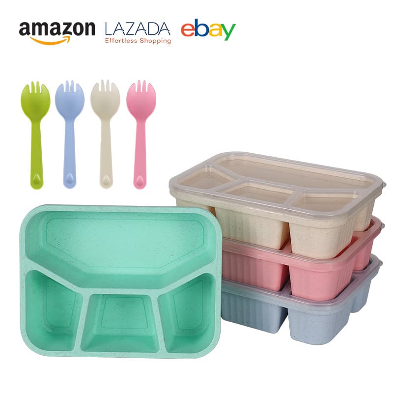 Cross-Border Wheat Straw Four-Compartment Lunch Box, Snack Picnic Lunch Box, Student Portable Four-Compartment Weight Loss Lunch Box