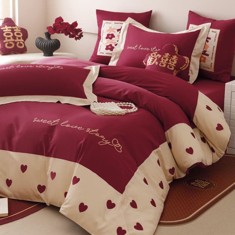 Princess-style 100% cotton wedding bedding set (4 pieces), wedding dowry set (8 pieces), red pure cotton quilt complete set.