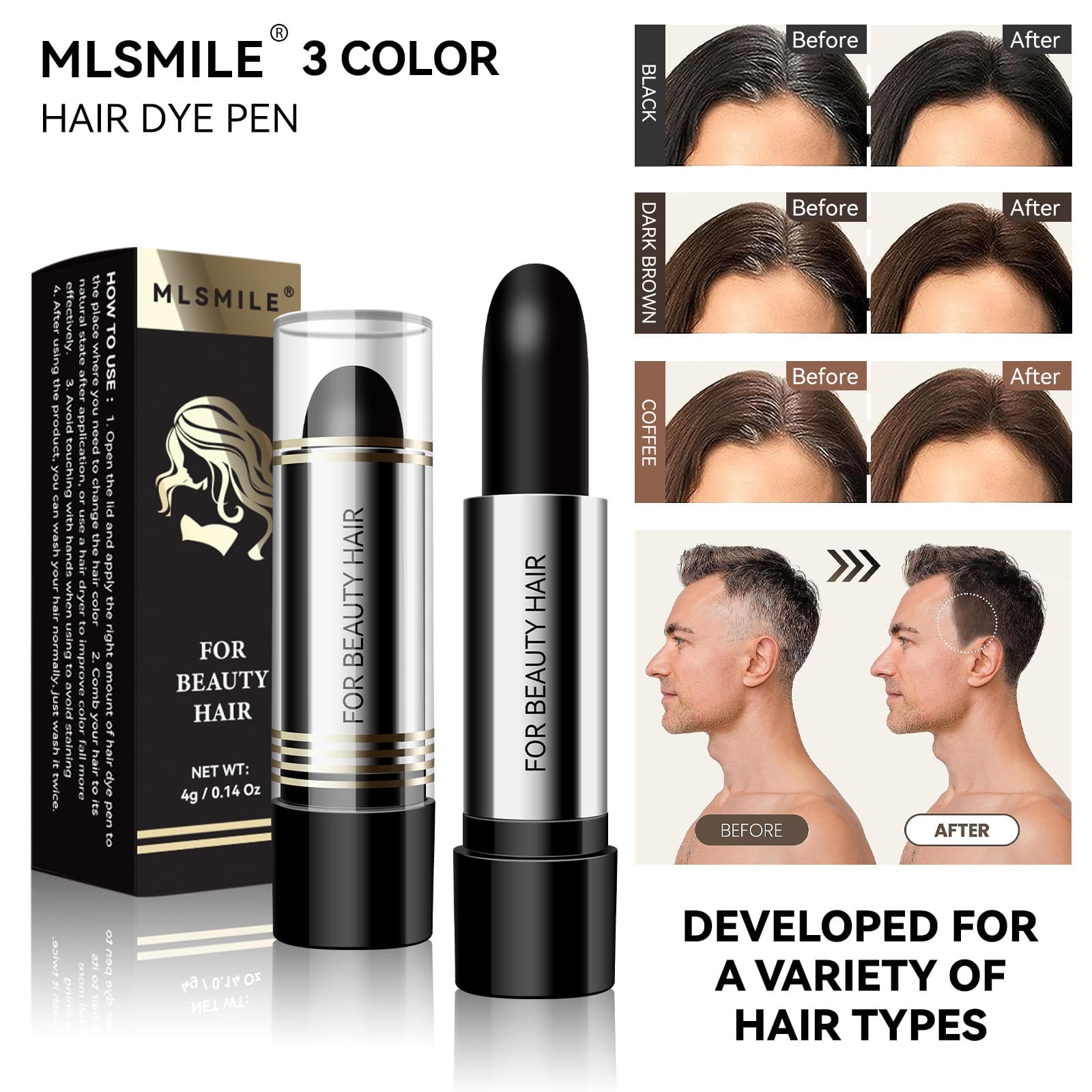 MLSMILE Cross-border Exclusive Disposable Hair Dye Pen for Gray Hair and Temples Temporary Hair Color Lipstick-style Hair Styling Stick