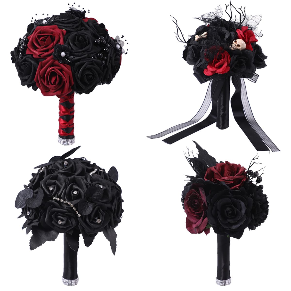 Gothic Wedding Bride Bouquet Ghost Festival Red and Black Artificial Flowers Halloween Decoration Rose Hand Bouquet