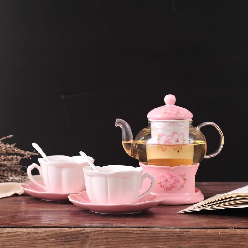 Ceramic Flower Tea Set with Cherry Blossom Coffee Pot and Couple Cups, Pastoral Floral Pattern, Afternoon Tea, Ceramic Tea Set