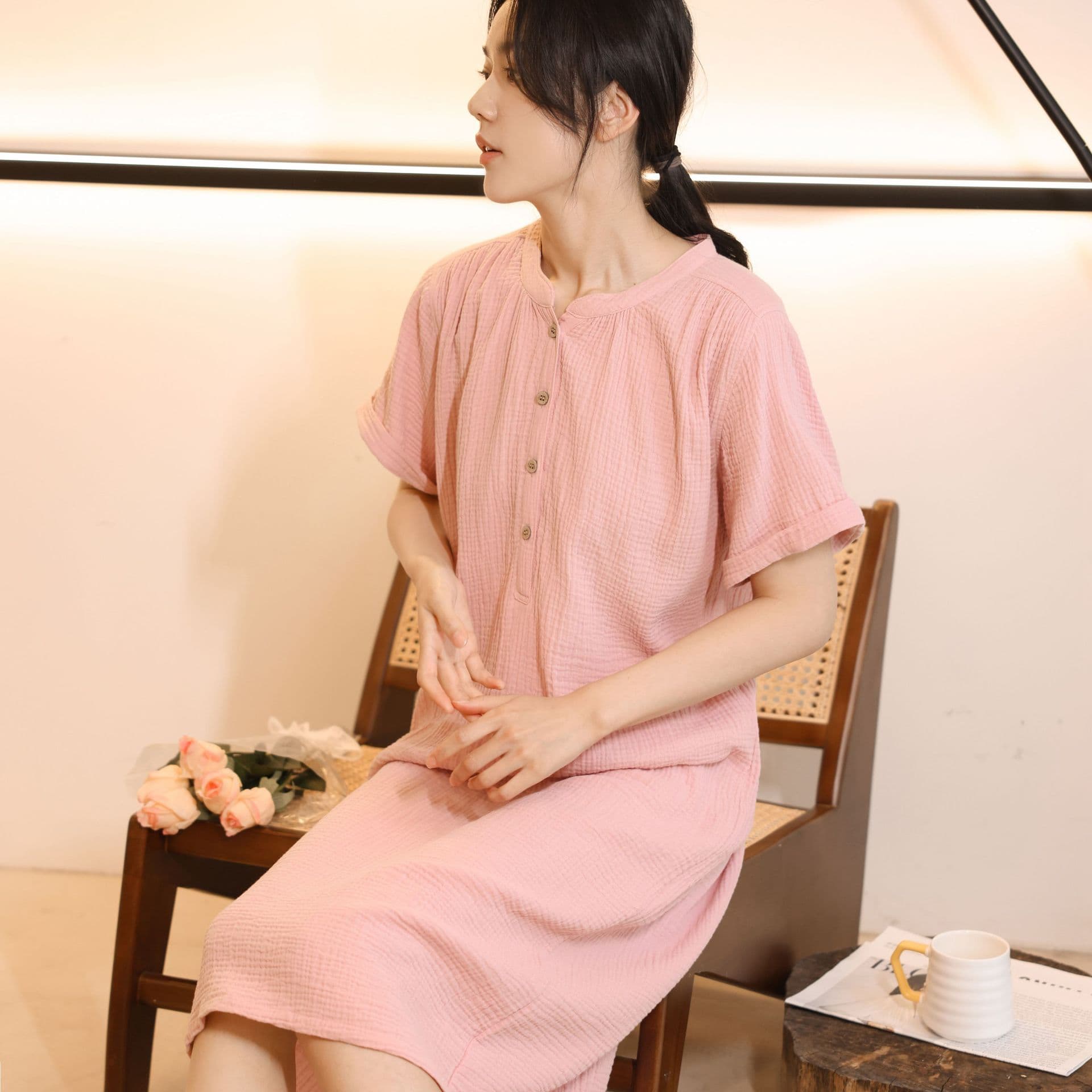 Double Layered Short Sleeve Cotton Nightgown with Stand Collar Home Wear Dress for Women Spring Summer New Style Sleepwear