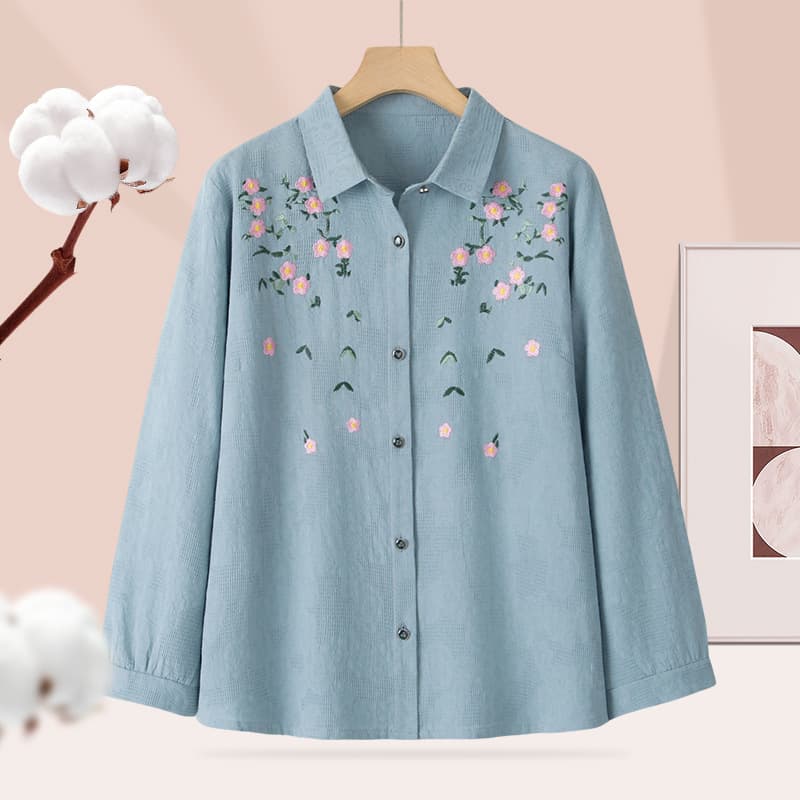 All-Cotton Shirt Women's Spring-Autumn Lapel Embroidery Thin Mother's Wear Long-Sleeve Cardigan Top Middle-Aged and Elderly Pure Cotton Breathable