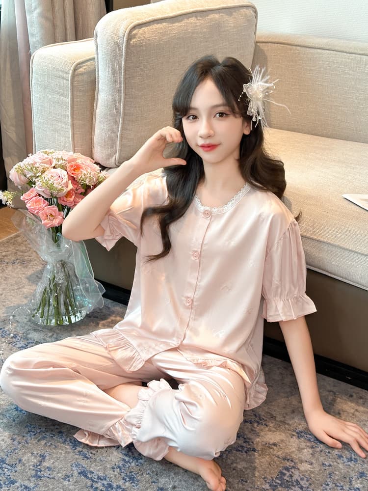 Girls' Summer 2025 New Ice Silk Cool Feeling Pajama Set Thin Short Sleeve 3-Piece