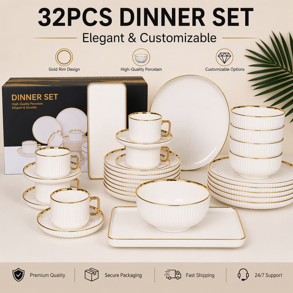 32PCS high-end cross-border export foreign trade Nordic light luxury electroplated gold ceramic tableware set plates, bowls, cups and saucers