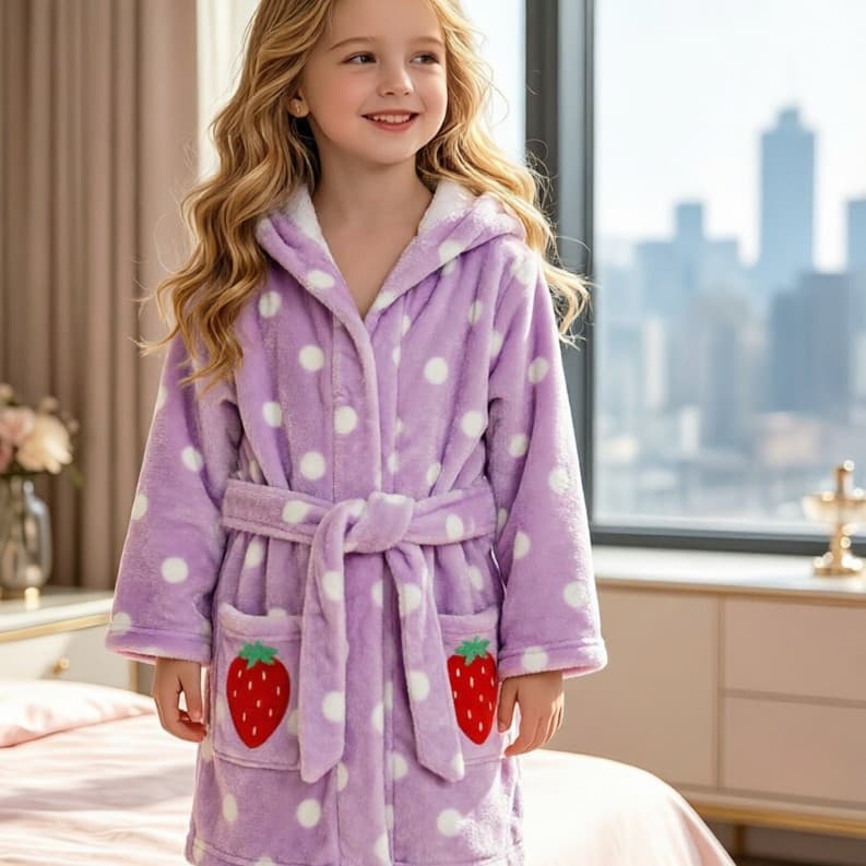 Purple polka dot strawberry patch children's hooded bathrobe, flannel thickened girls' home clothes, baby autumn and winter protection