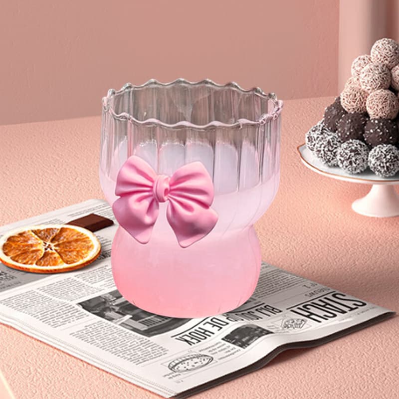 Pink Bow Heat Resistant Coffee Cup Borosilicate Glass Cup Vertical Pattern Chubby Cup Tea Cup Girls' Heart