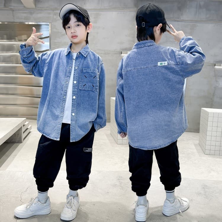 Boys Jacket Spring Autumn 2026 New Fashionable Denim Shirt Spring Outfit Trendy Streetwear Top
