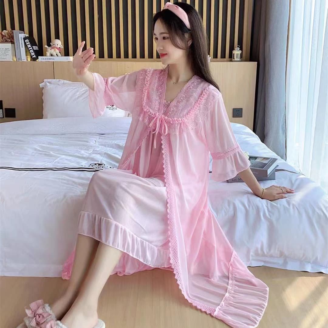 Overseas Order Plus Size Spring/Summer Loose Sleep Dress with 5-Sleeve Ice Silk Pajama Three-Piece Set with Robe and Bathrobe Wholesale