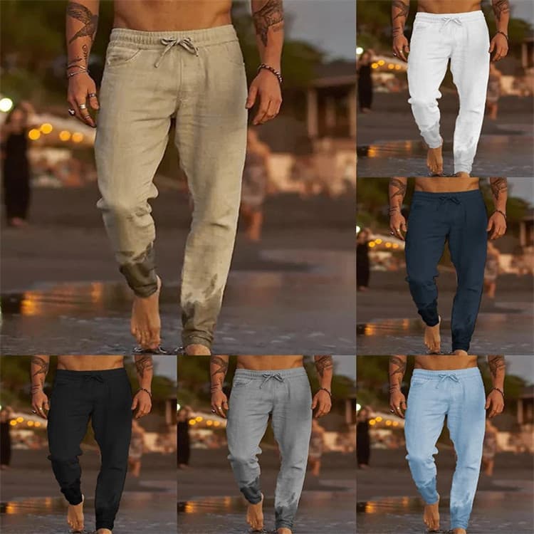 Men's Summer Casual Loose Straight Leg Beach Pants Pure Color Drawstring Trousers American Retro Style Polyester Fiber