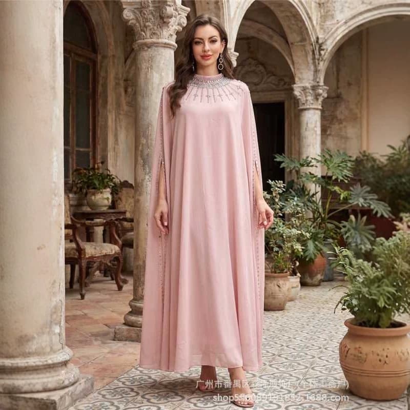 Cross-border new style handmade studded dress, cape sleeves, loose large size long dress, elegant banquet dress