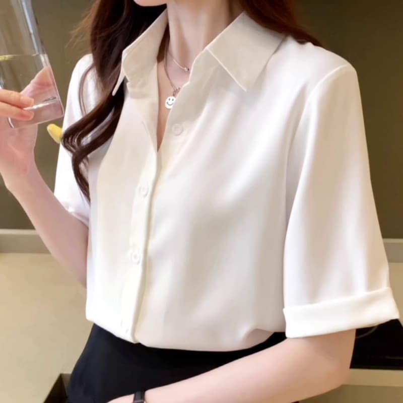 Wrinkle-Resistant (Good Quality) Summer New Short Sleeve Chiffon Blouse Professional White Shirt Formal Loose Versatile Shirt Women