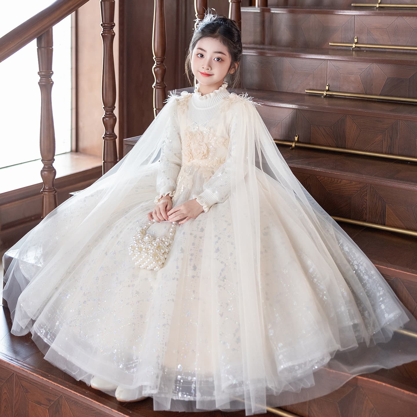 Girls' Light Luxury Niche Stunning Piano Performance Flower Girl Dress Host Birthday Princess Dress Children's High-End