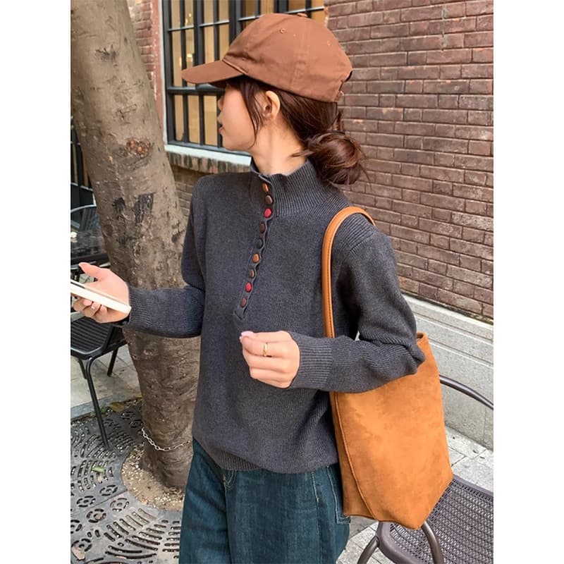 High-end Deep Gray Color Button Semi-high Neck Sweater Women Autumn Winter New Style Lazy Soft Pullover Knitted Top