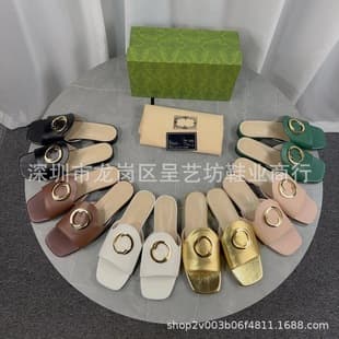 Cross-border Slippers G Brand Women's One-Strap Metal Buckle Square Toe Flat Sandals Summer Outdoor Beach Slippers
