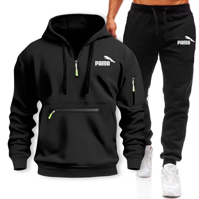 Sporty Digital Print Hoodie Set Men's Autumn Winter Fashion Clothing Zipper Hoodie Two Piece Set Multiple Pockets Streetwear