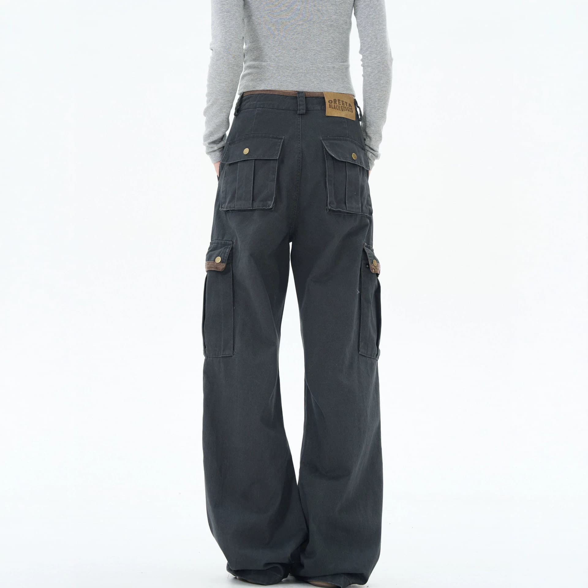 American retro gray overalls for men and women, summer loose straight pants, wide-leg casual pants, paratrooper pants, trendy