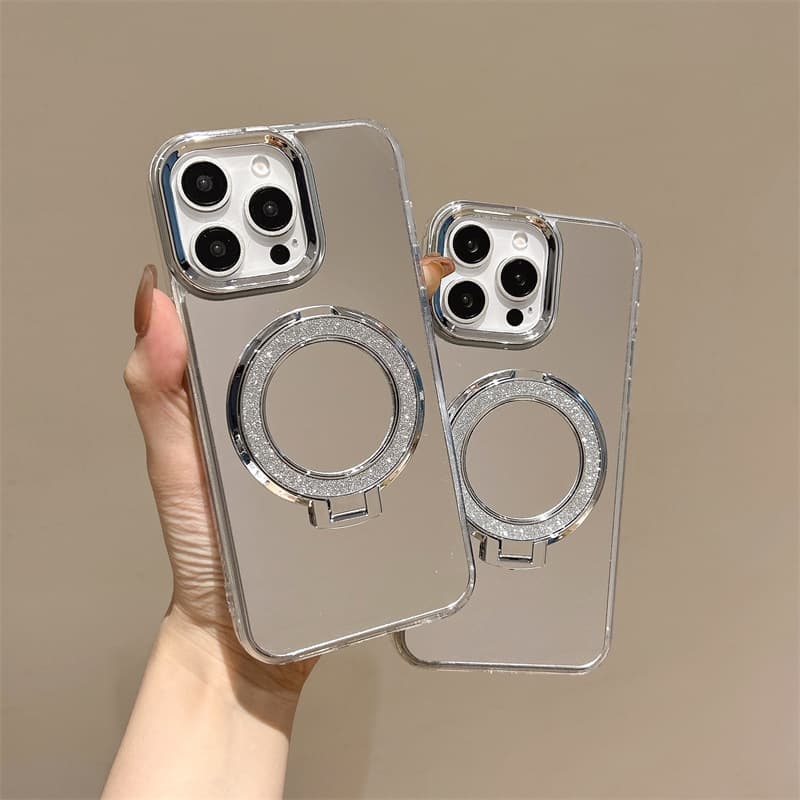 Cosmetic mirror suitable for 17pro Apple mobile phone case iPhone16pm women's glitter holder 15p anti-fall protective cover