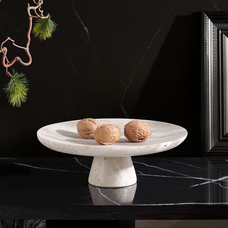 French Wabi-sabi Style Marble Tray High-foot Fruit Plate Yellow Travertine Decorative Plate Soft Furnishing Countertop Home Decor Ornament