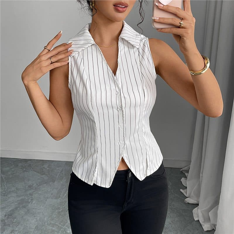 Cross-Border Women's Fashion 2025 Summer New European and American Style Striped Sleeveless Blouse Slim Fit Shirt Cardigan Top