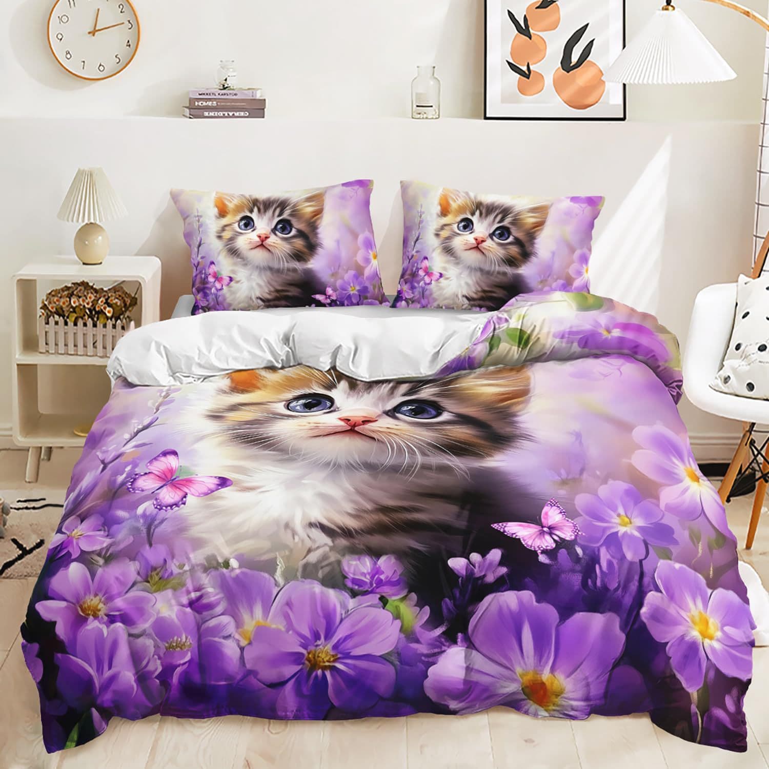 Cross-border Purple Floral Pet Cat Print Duvet Cover Bedroom Guest Room Bedding Set Factory Direct
