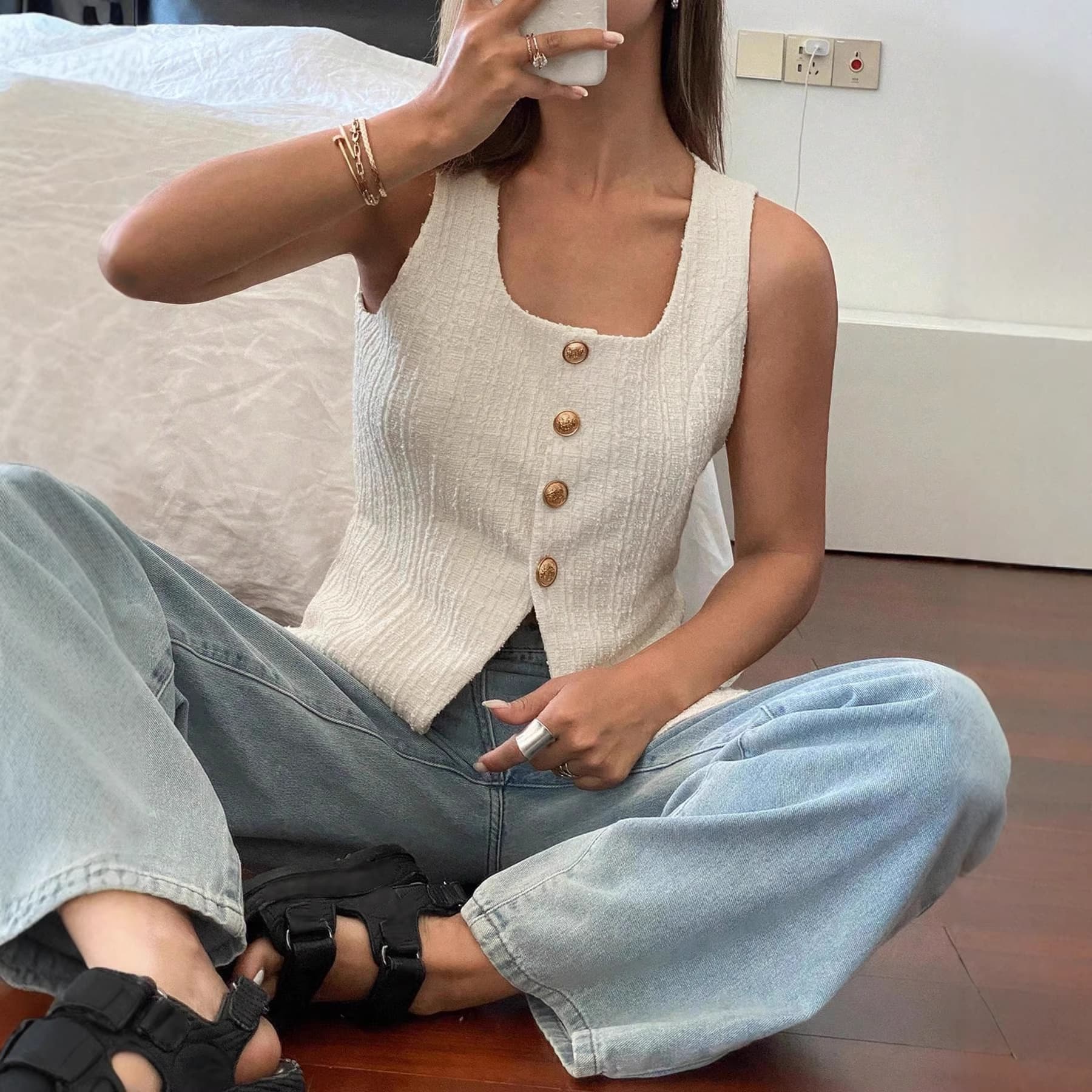 Summer Cross-Border Hot Selling Button Vest Women Commuter Style Square Neck Tie Knit Vest Top