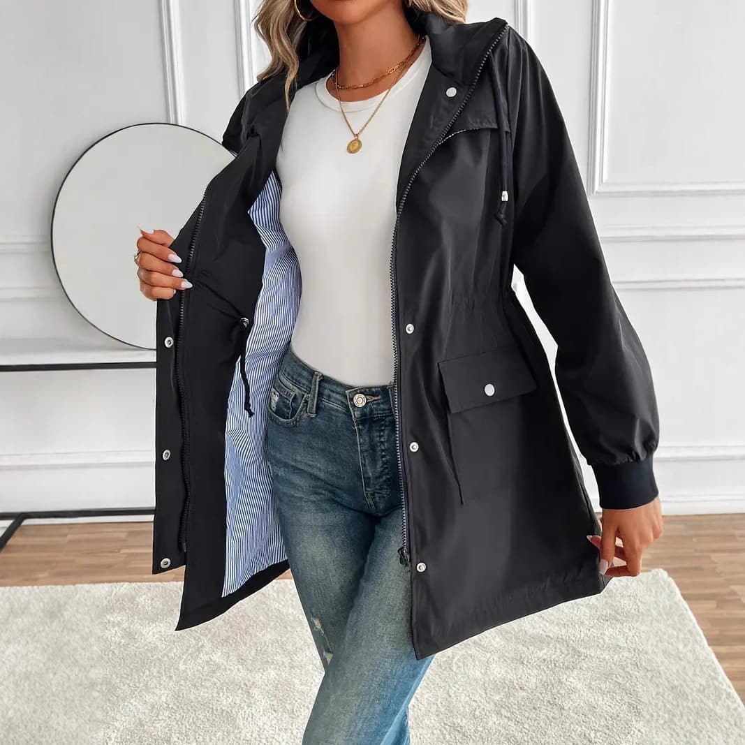 2025 European and American Cross-border Women's Elegant Casual Drawstring Waist Hooded Zipper Jacket Long Trench Coat