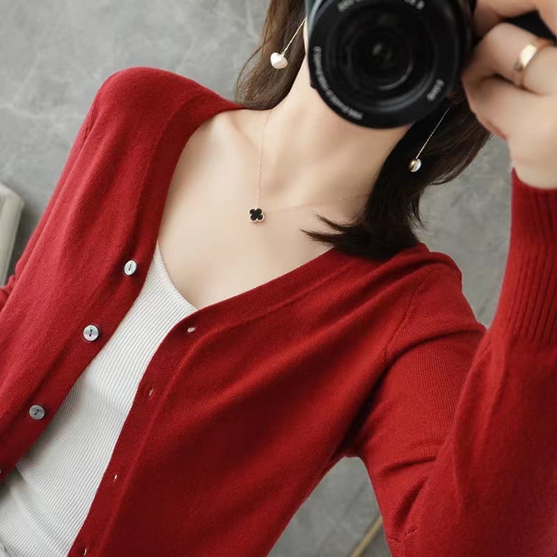 Soft Knit Cardigan for Women V-Neck Button Front Loose Fit Slimming Solid Color Korean Style 2023 Spring Autumn New