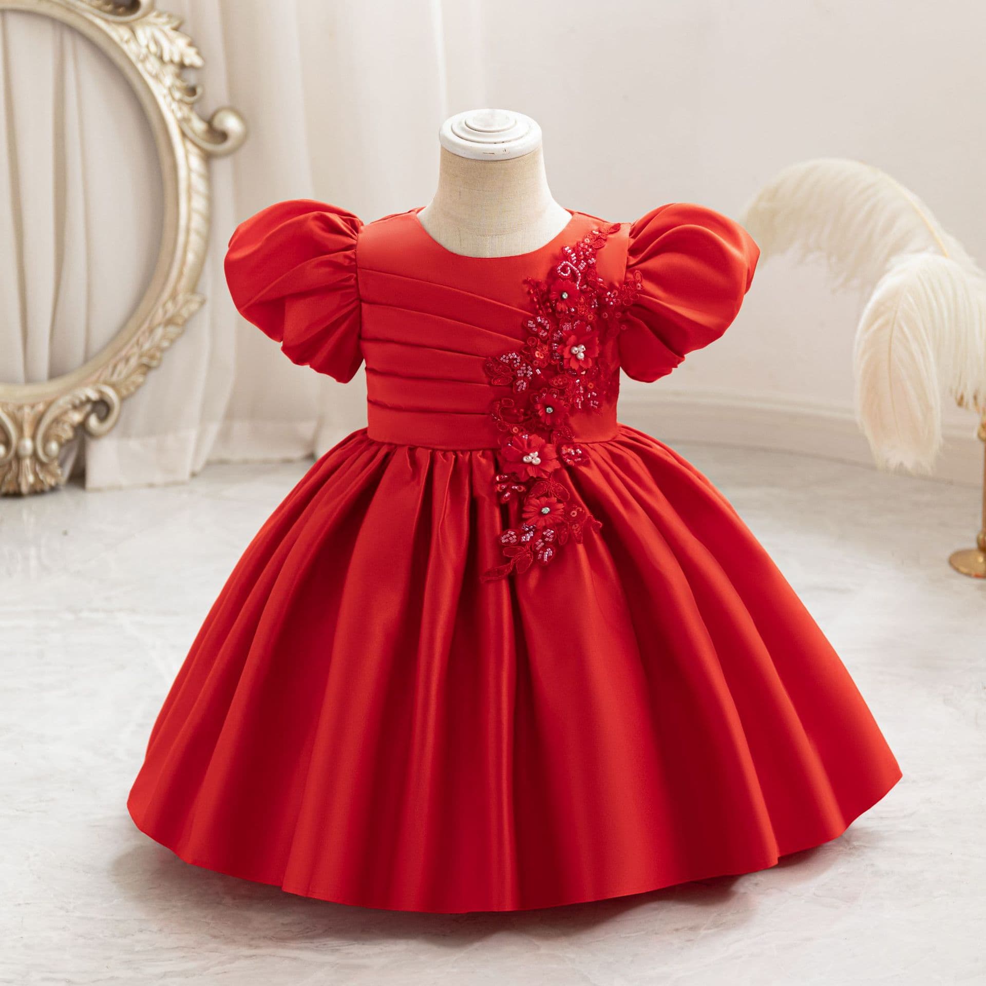 Girls' Dress Autumn Satin New Children's Flower Girl Formal Dress Birthday Host Elegant Princess Dress Cross-border