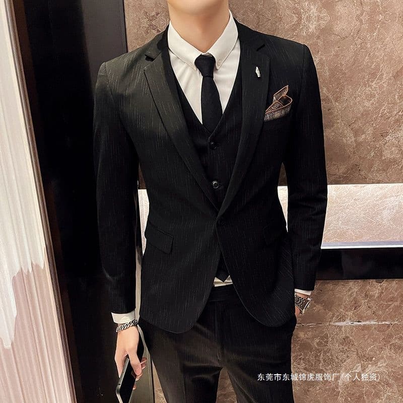 New Men's Suit Set Korean Slim Fit High-End Three-Piece Suit for Men Full Suit