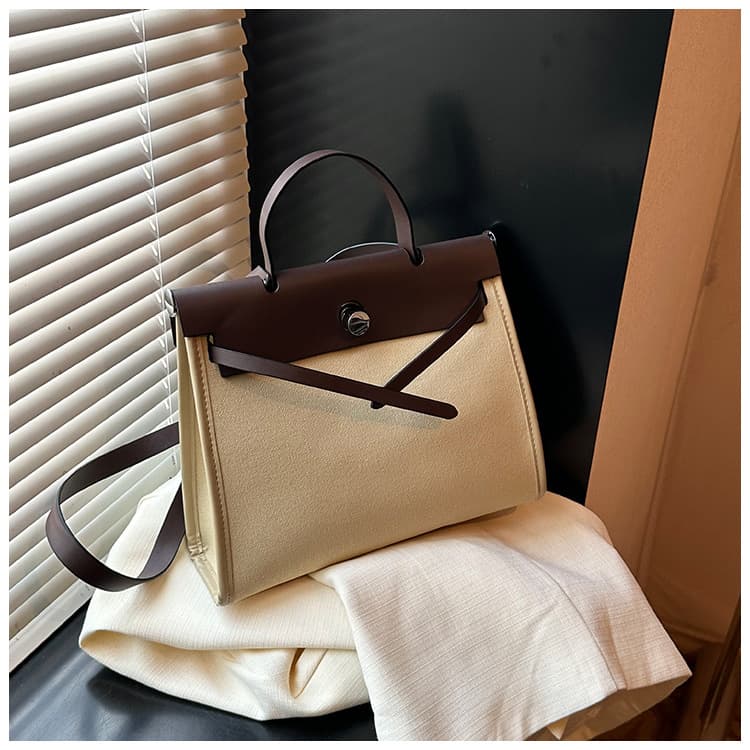 Fashionable Canvas Shoulder Bag Women's Simple Versatile Commuter Kelly Bag City Chic PU Material Medium Size Lock Buckle Opening