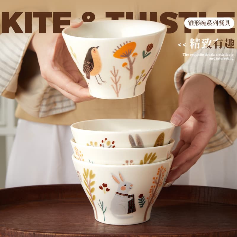 Underglaze 5-Inch Rice Bowl for Home, Japanese-Style Ceramic Conical Bowl, High-Appearance Cute Cartoon Dessert Bowl, Wholesale