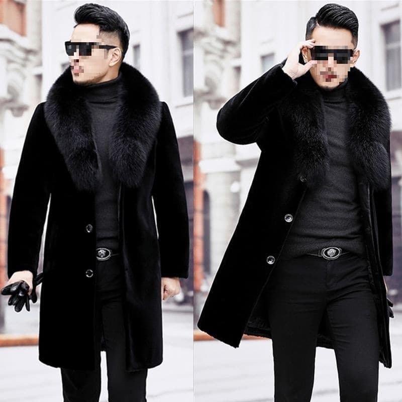 Haining Whole Mink Fur Coat for Men, One-Piece Mink Winter Fur Jacket, Thickened Mink Mid-Length with Fox Fur Collar