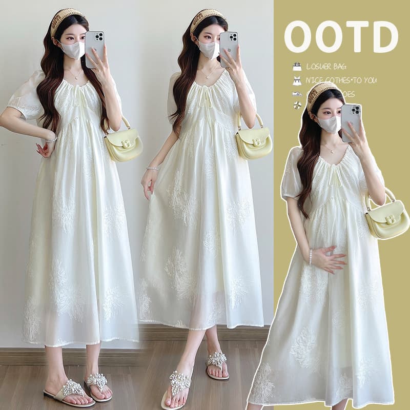 Pregnant Women's Dress 2025 Summer New Fashion Heavy Embroidery Slimming Lace-up Adjustable Long Dress for Pregnancy