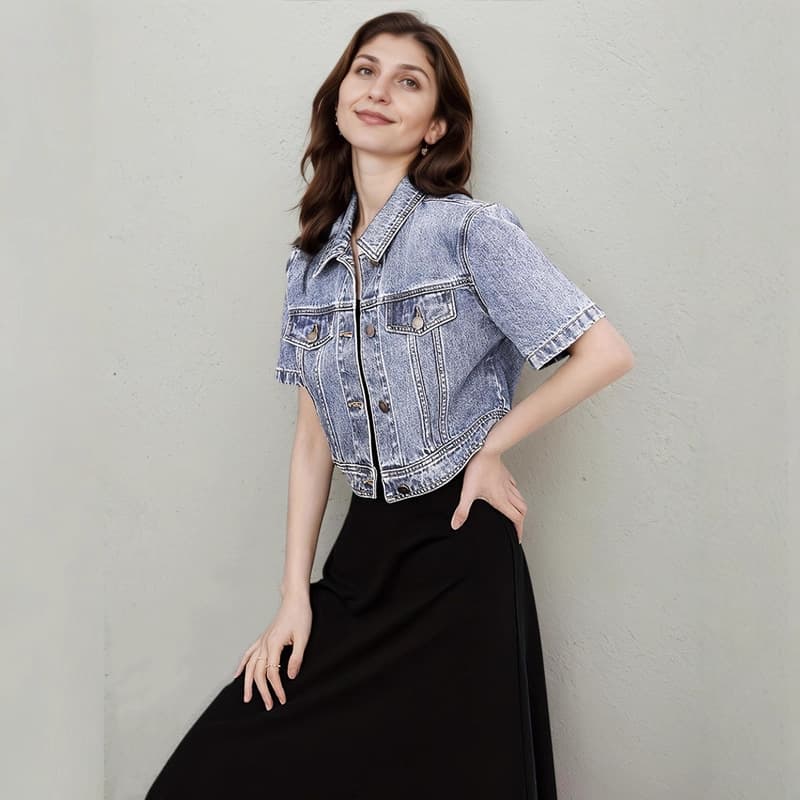 Cross-border independent station lapel European and American straight shoulder denim jacket short sleeve trendy light blue vintage versatile denim top