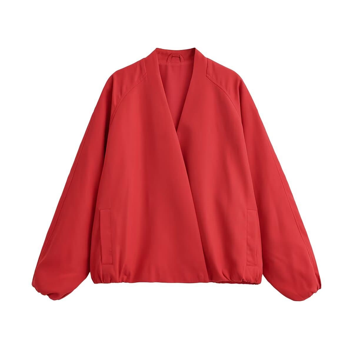 Women's European and American Style Summer New Simple Solid Color Casual V-Neck Oversized Short Jacket Bomber Jacket