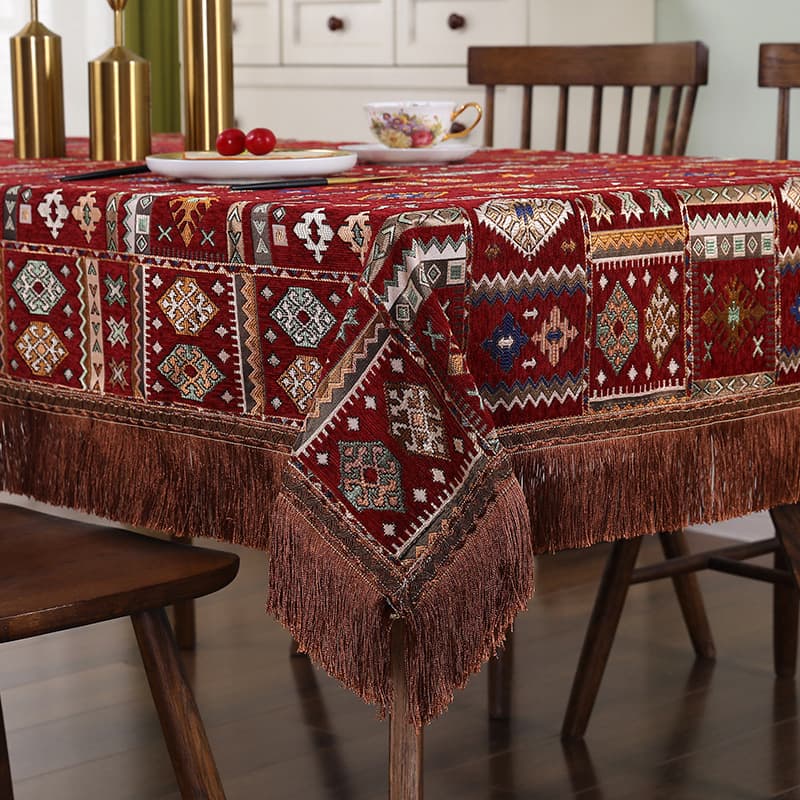 American Chenille Tablecloth Retro Ethnic Style Fringe Embroidery Light Luxury Rectangular Fabric Table Cover