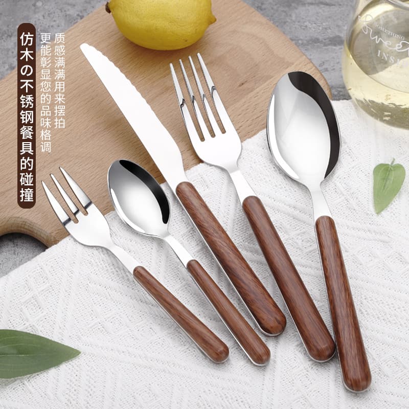 Trendy Ins-Style Imitation Tableware Wooden Handle Stainless Steel Steak Knife Fork Spoon Wood Grain Hotel Gold-Plated Spoon Western Cuisine
