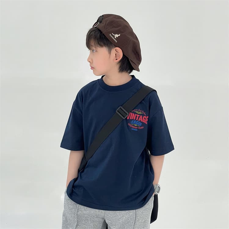 Kids Short Sleeve 2024 Summer New American Retro Print Short Sleeve T-Shirt Boys Loose Trendy Short Sleeve Base Layer