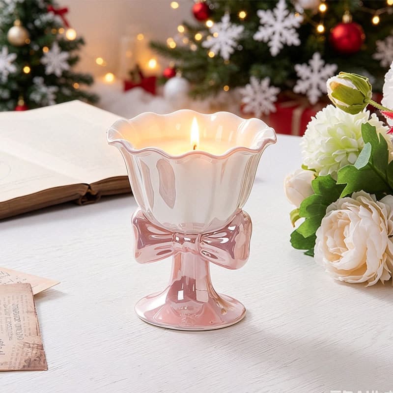 Modern Minimalist Ceramic Ice Cream Cup with Handle High Footed Dessert Mug Butterfly Knot Design Creative Flower Mouth Mugs