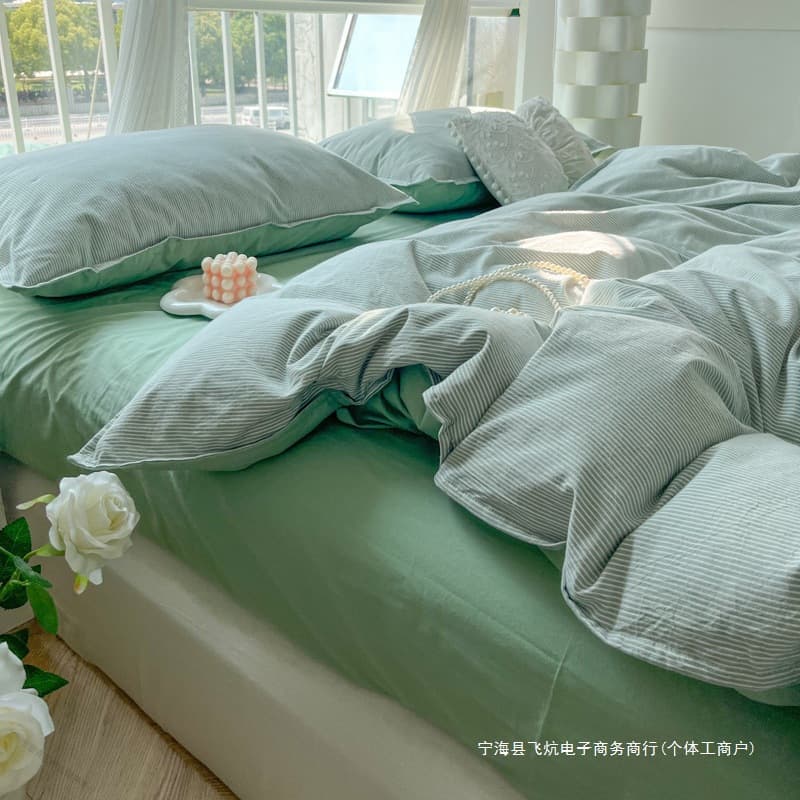 Soft Double Gauze Bedding Four-Piece Set Japanese Stripe Duvet Cover Sheet Fitted Sheet Non-Cotton Student Dormitory Three-Piece Set