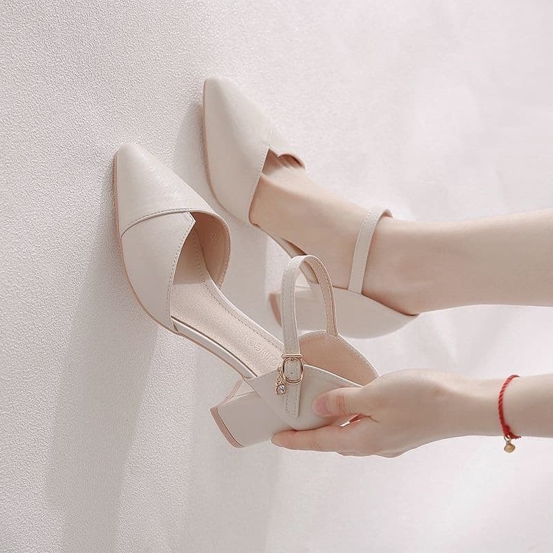 Soft Leather Mid-Heel Comfortable Pointed Toe Summer Bridesmaid Thick Heel Buckle Closed-Toe Hollow Shallow Versatile Elegant Sandals for Women