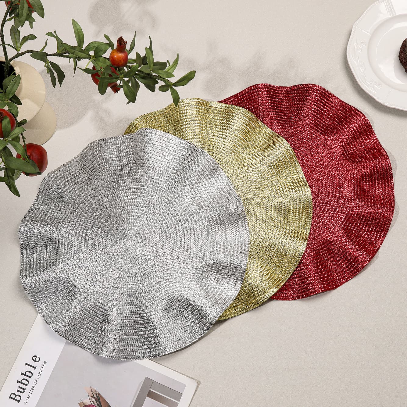 Light Luxury Glitter Wavy Round Woven Placemat, Christmas Wedding Hotel Decoration Insulation Mat, Home Dining Table Decoration Mat