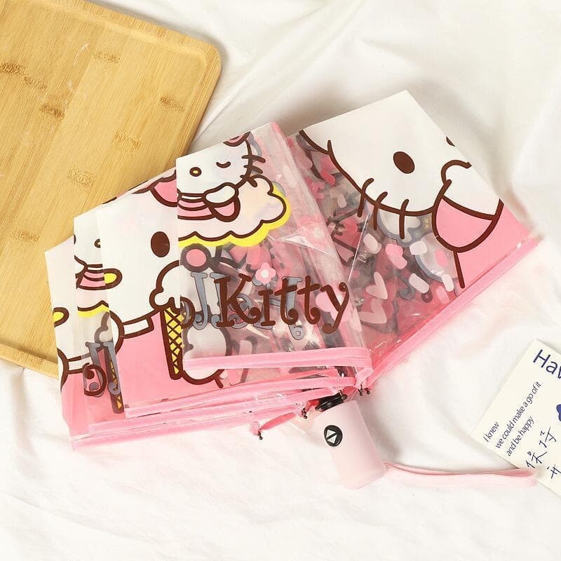 Xiaohongshu's same style foldable KT cat transparent umbrella, cinnamon dog umbrella, Kurome umbrella, long handle student two-dimensional umbrella