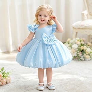 Cross-Border Children's First Birthday Gown Tulle Skirt New Style, Infant Toddler Bow Baptism Dress Performance Flower Bud Princess Dress