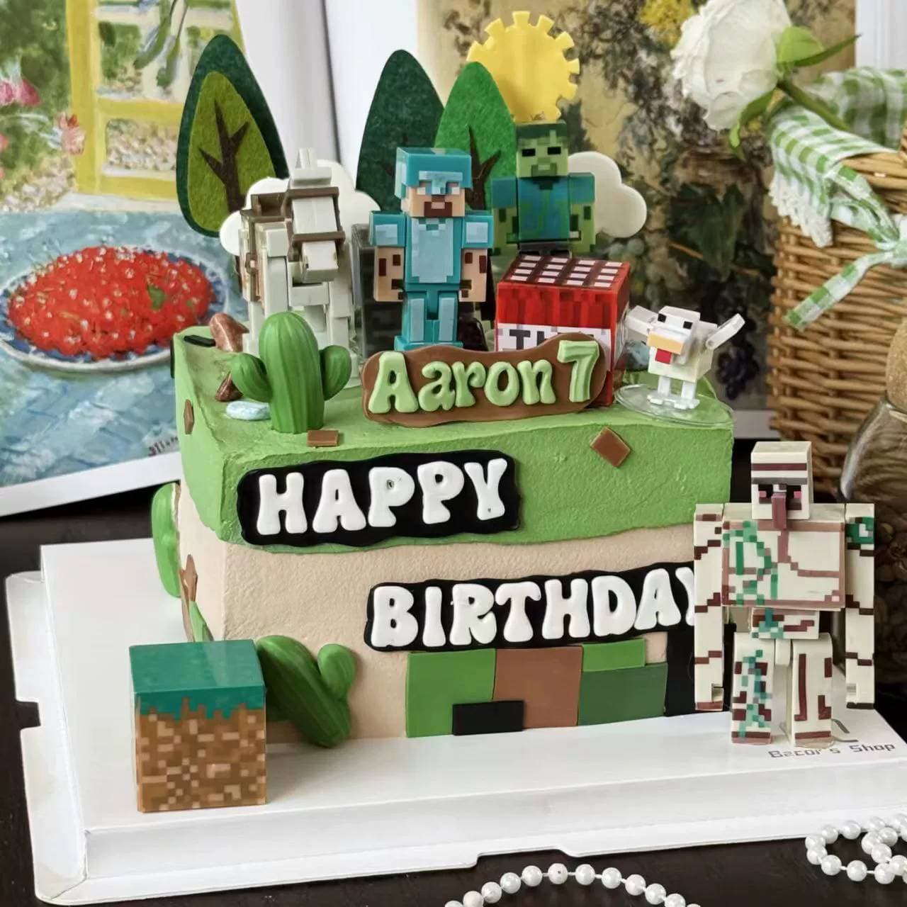 Minecraft Cake Decoration Cartoon Building Block Iron Golem Steve Figure Boy Dessert Baking Plugin