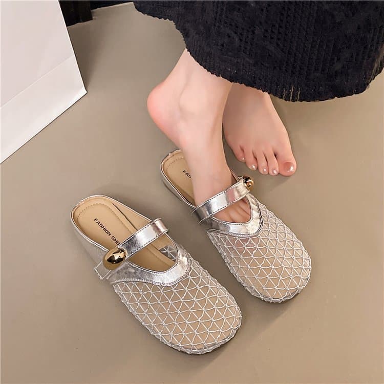 Amanuo French-style Half Slippers for Women Summer Mesh Hollow Breathable Sandals Outdoor Flat Shoes for Pregnant Women